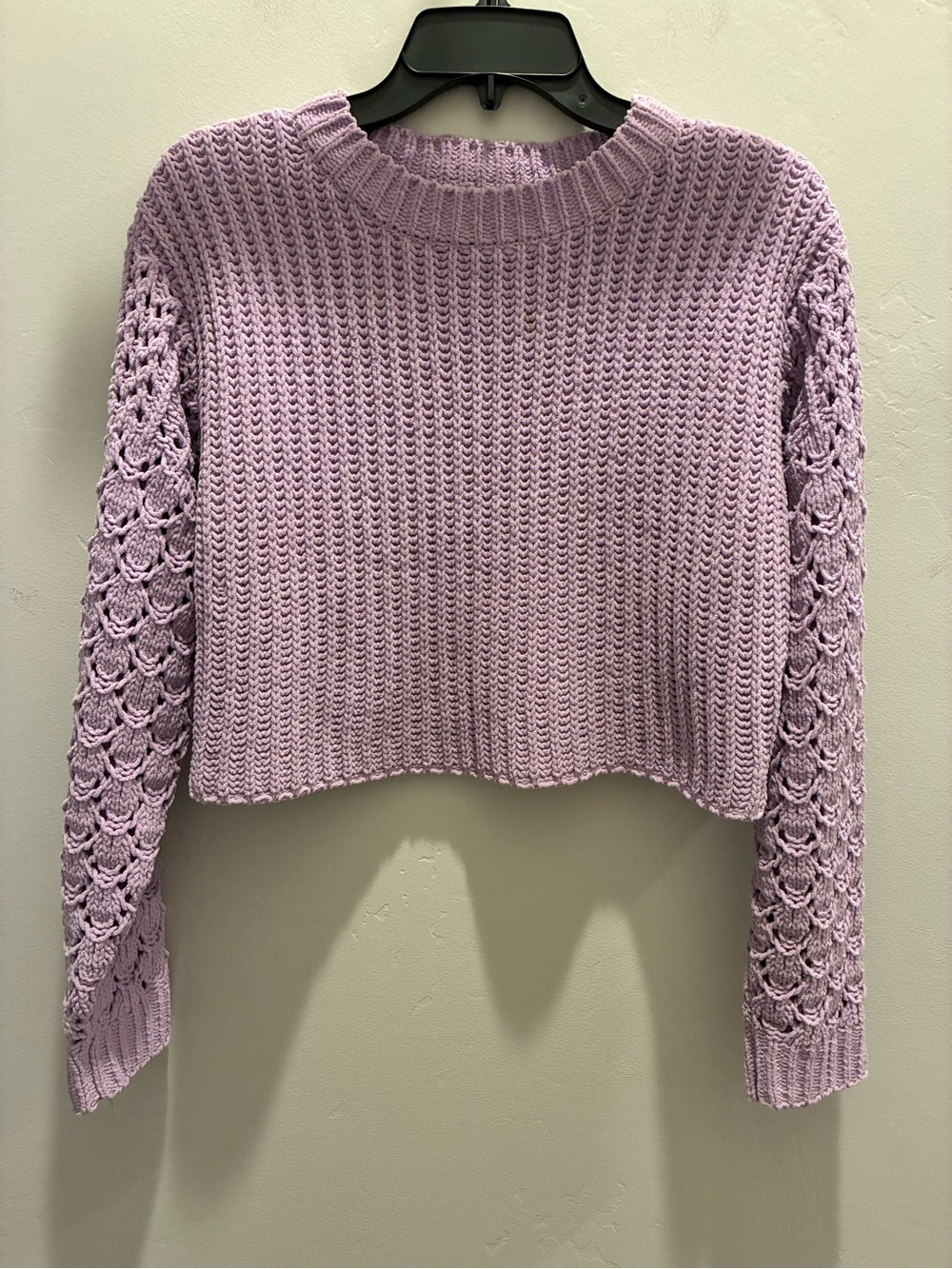 Dizzy Gal Cropped Crewneck Sweater in Lilac with Crochet Sleeves